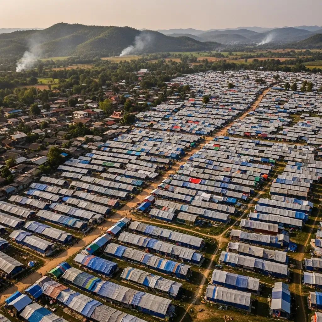 Aerial view of makeshift refugee camp near Thai-Cambodian border with tents and distant smoke
