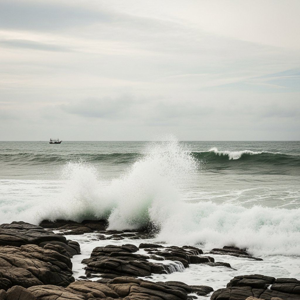 Rough waves crashing on a southern Thailand coastline under a cloudy sky