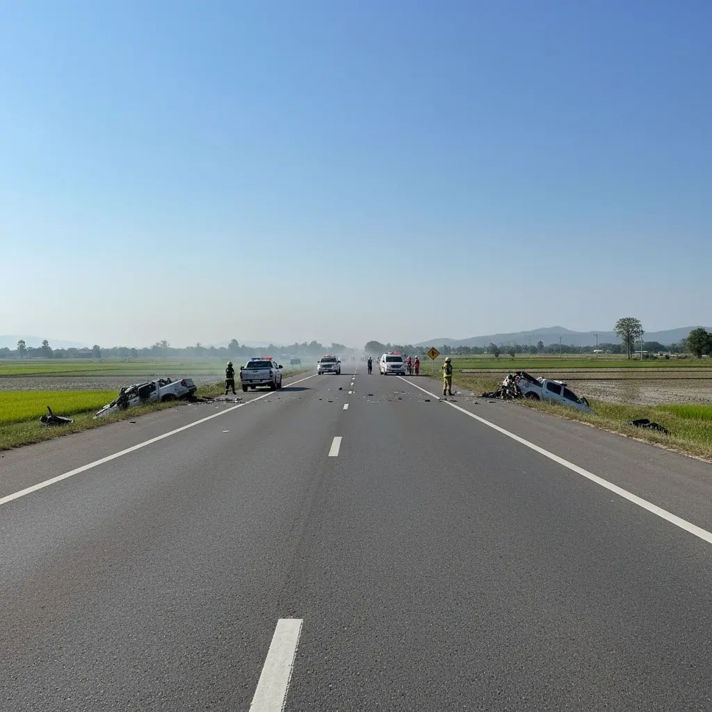 Thai provincial highway scene with emergency vehicles responding to traffic accident
