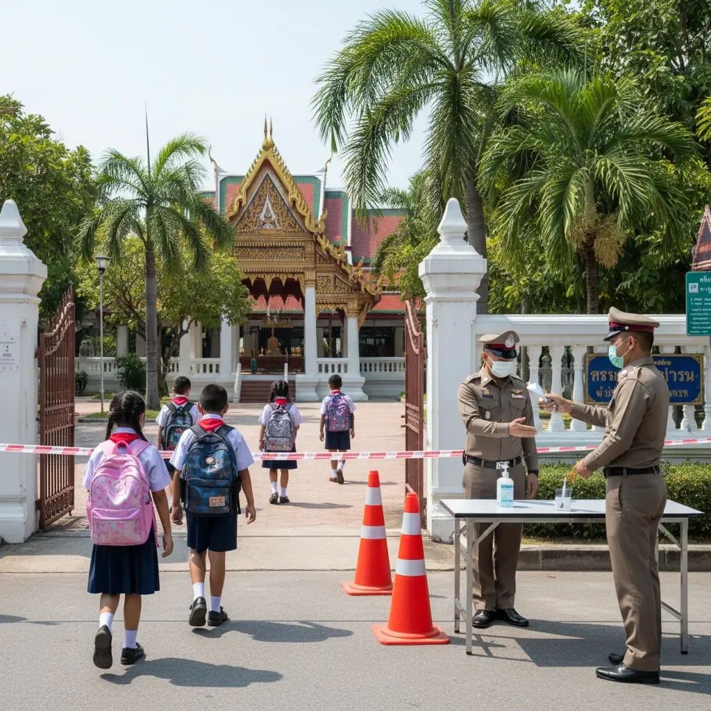 Police officer overseeing students entering a Pathum Thani school through a new security checkpoint