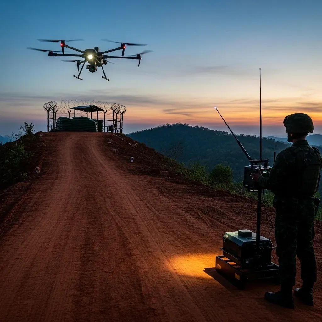 Reconnaissance drone flying over Thai-Cambodian border ridge with soldier using an anti-drone jammer