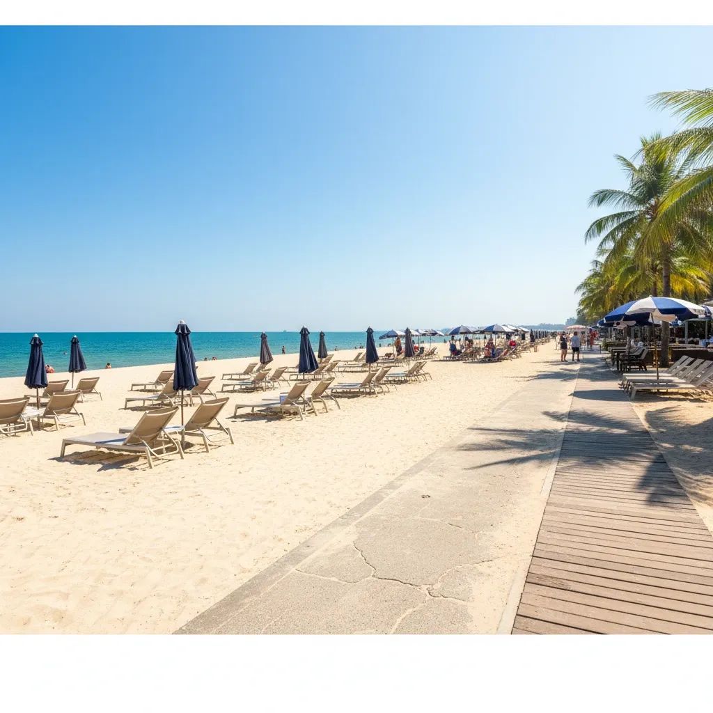 Pattaya beachfront during extreme heat with scattered tourists seeking shade and shelter from intense midday sun