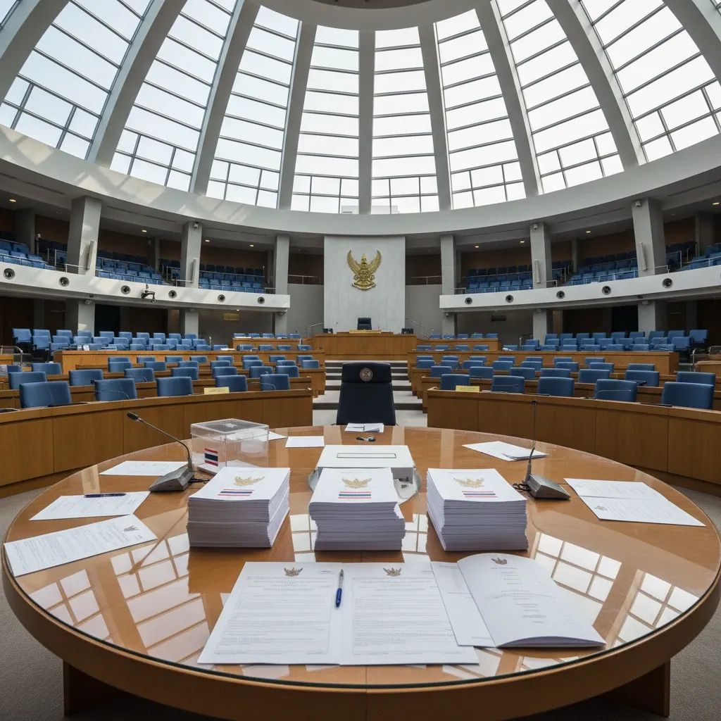 Thai parliament building with voting materials representing constitutional referendum and political reform process