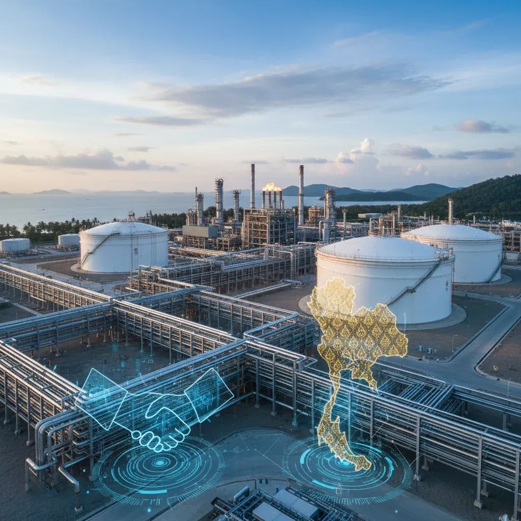 Industrial oil refinery with LNG storage and pipeline infrastructure representing PTT's restructuring and international energy partnerships