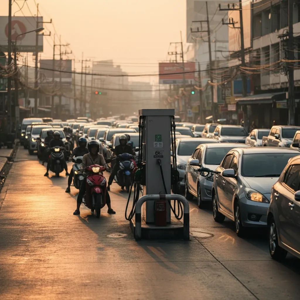 Vehicles queuing at a Thai petrol station amid fuel rationing concerns
