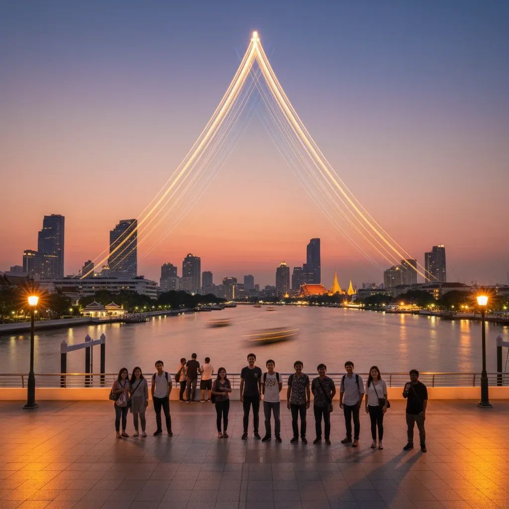 Bangkok skyline at dusk with tourists and a light-trail arrow symbolising Thailand’s rising GDP