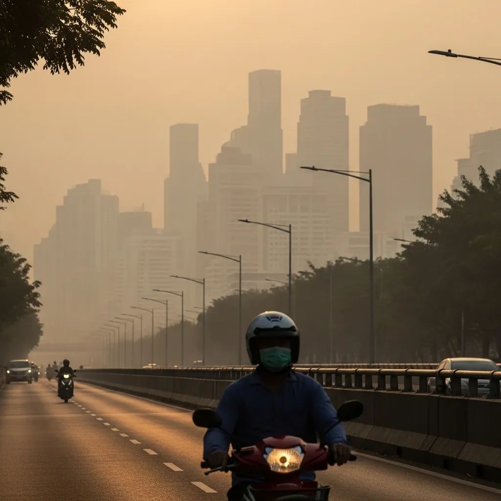 Hazy morning Bangkok skyline with a masked motorbike commuter in the foreground