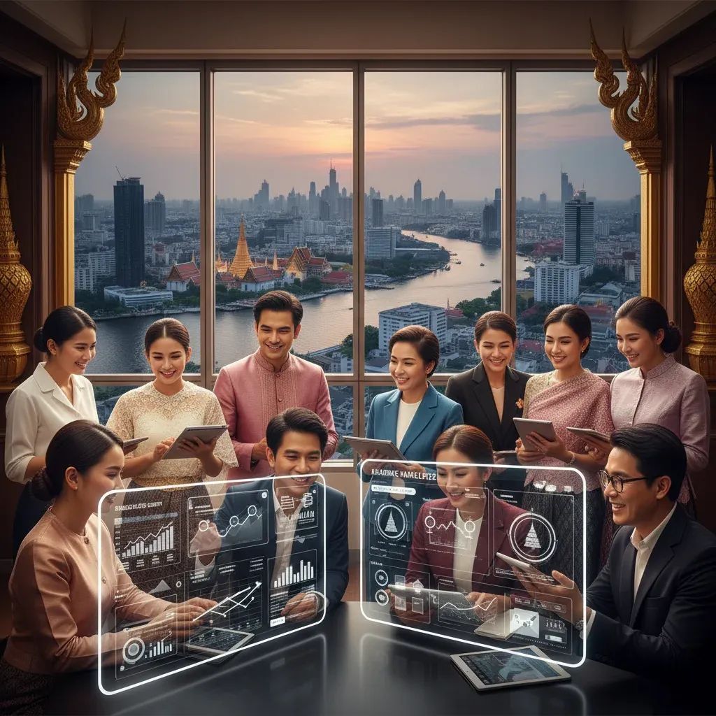 Thai merchants and customers using modern digital marketplace platform with Bangkok cityscape background