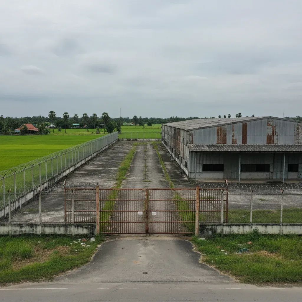 Closed industrial warehouse with metal gates in Thai rural setting