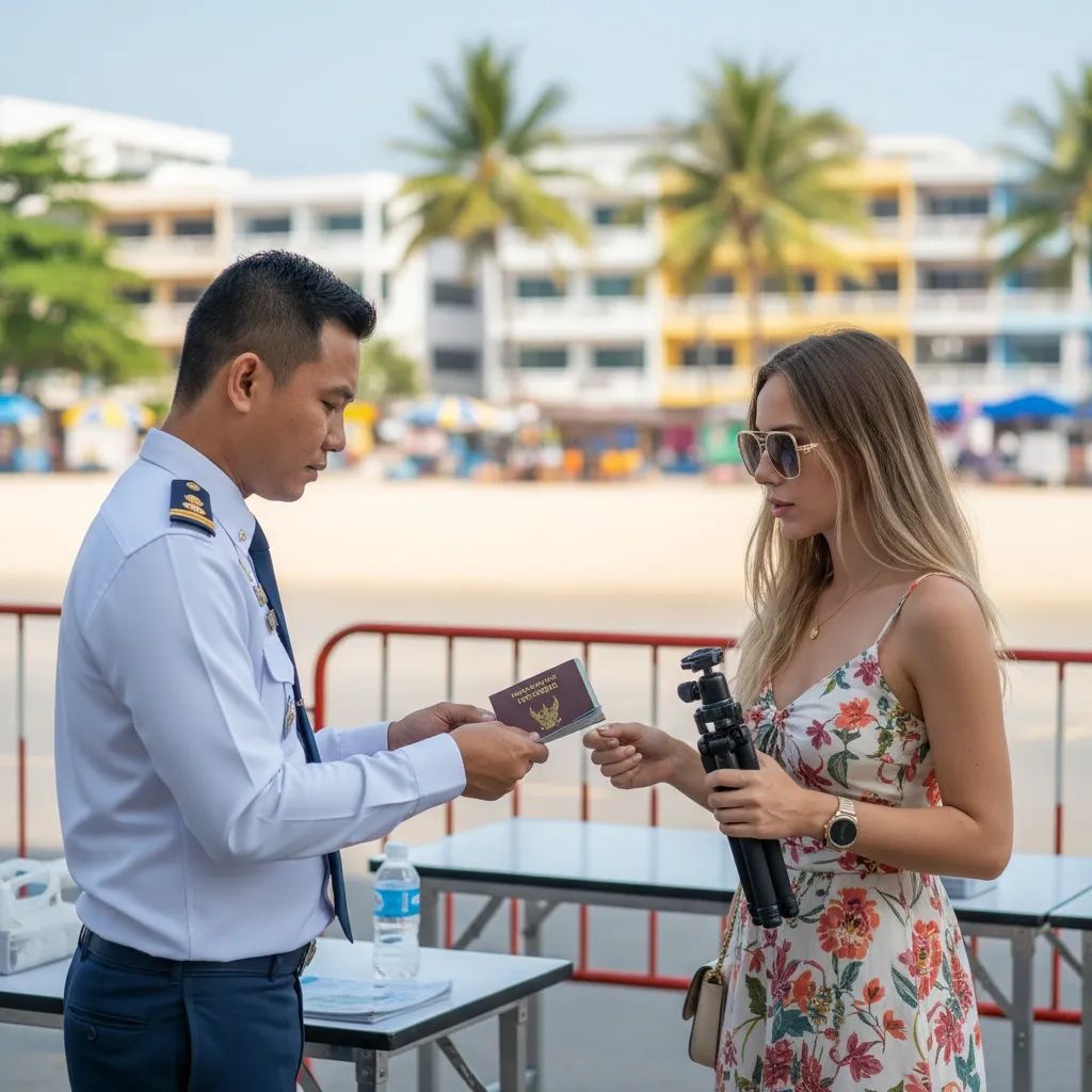 Thai immigration officer checking a tourist influencer's passport at a Pattaya checkpoint