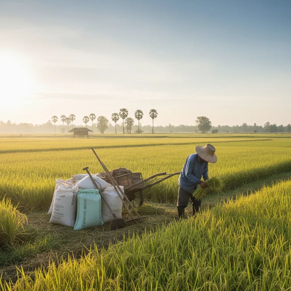 Thai rice farmer in paddy field with fertilizer and harvest equipment during farming season