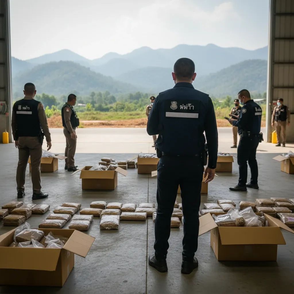 Police warehouse raid displaying seized methamphetamine packages and cardboard boxes from drug trafficking operation