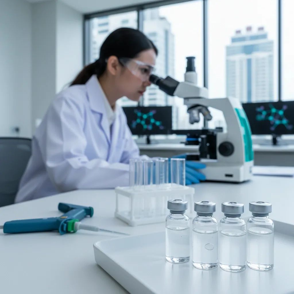 Scientists examining flu vaccine samples in modern medical laboratory setting