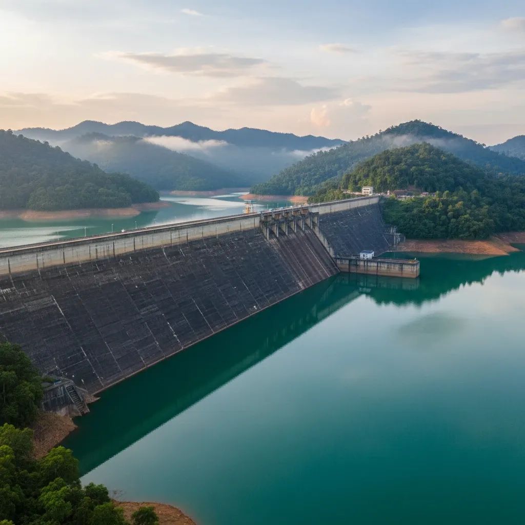 Ratchaprapha Dam spanning a calm reservoir amid forested Surat Thani hills in soft morning light
