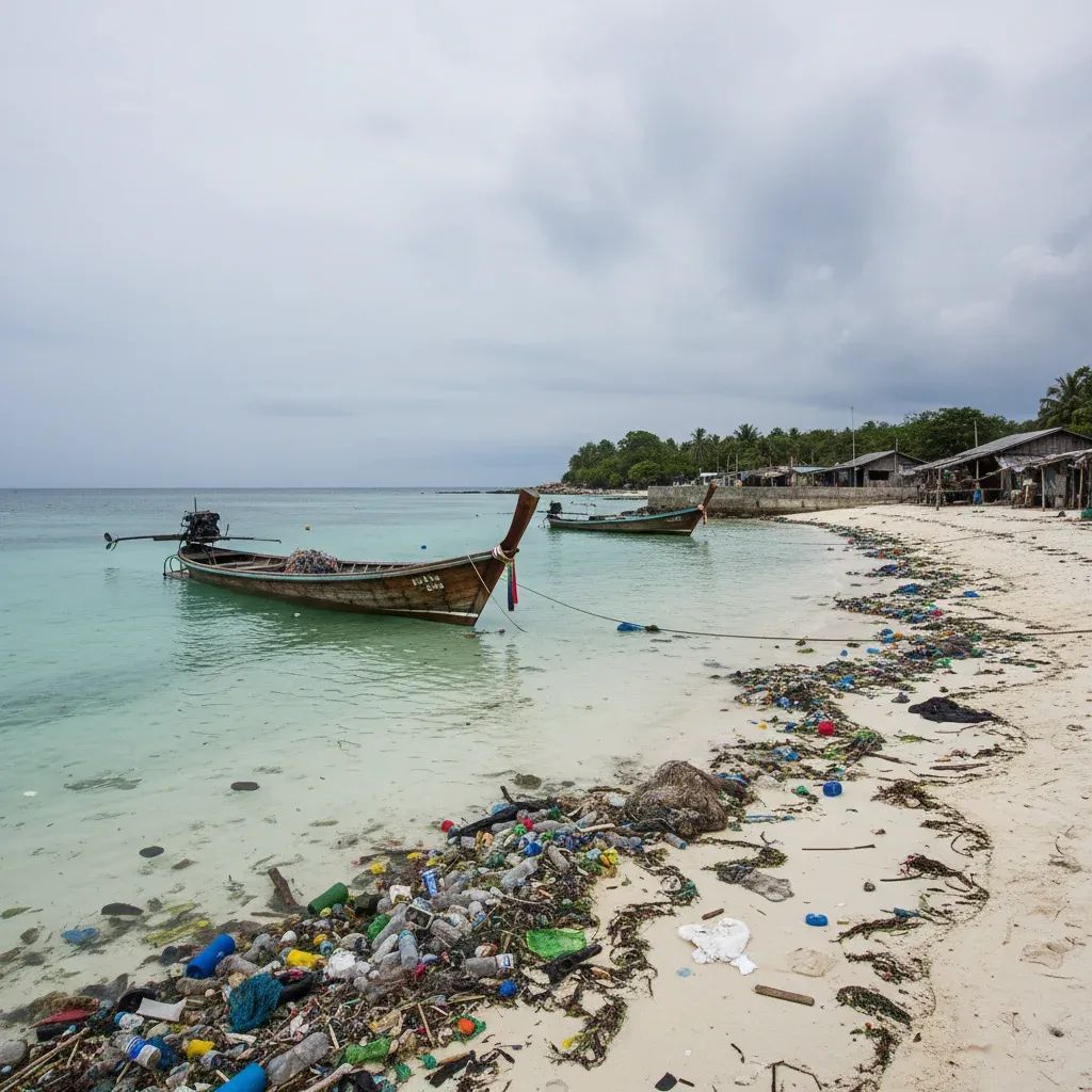Tropical island shoreline showing waste and environmental strain from mass tourism, scattered plastic containers on beach and in water