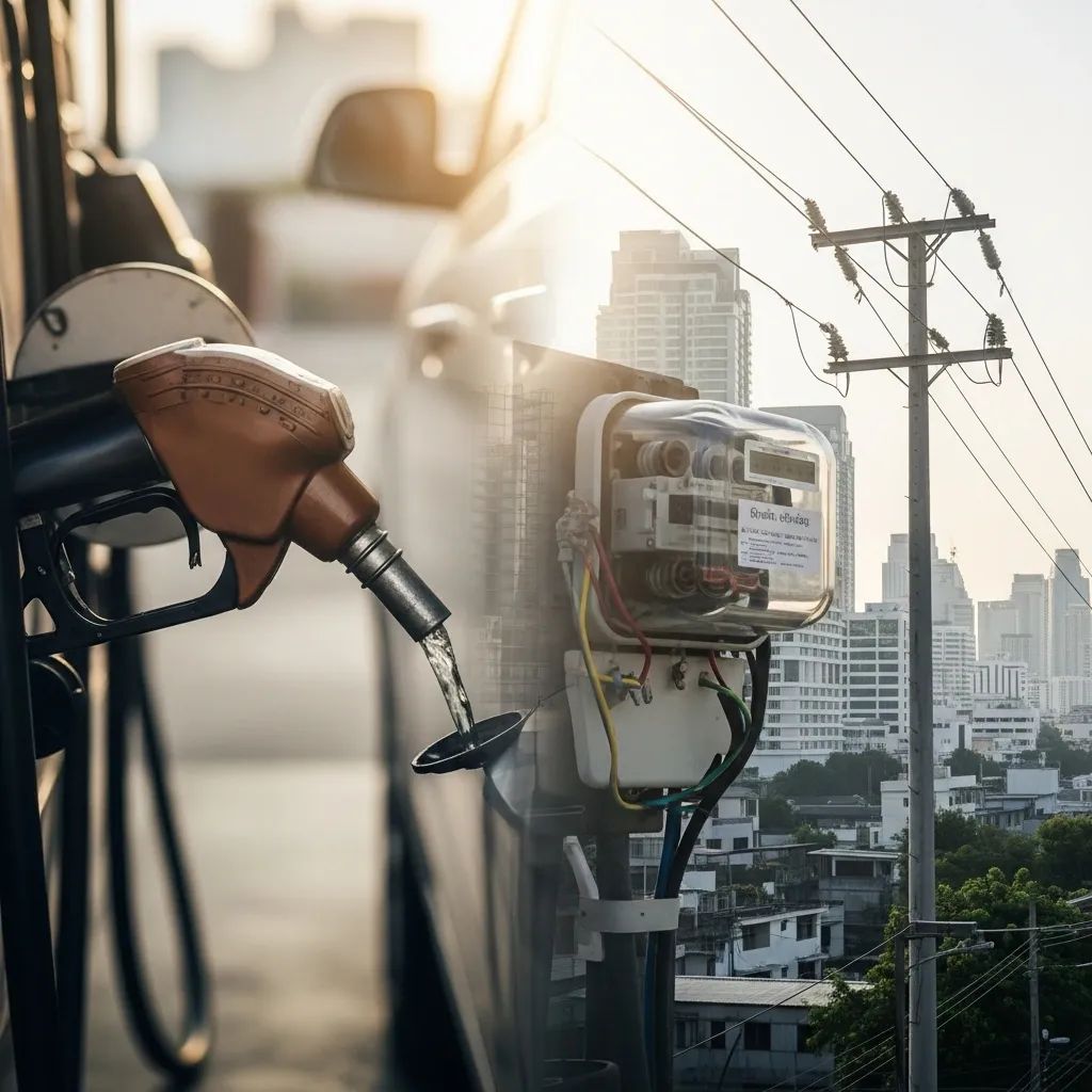 Fuel pump nozzle and electricity meter against a Bangkok skyline symbolizing proposed energy price caps