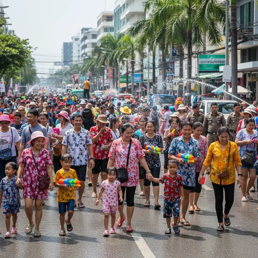 Families navigating crowded Songkran festival street in Pattaya with children safely supervised