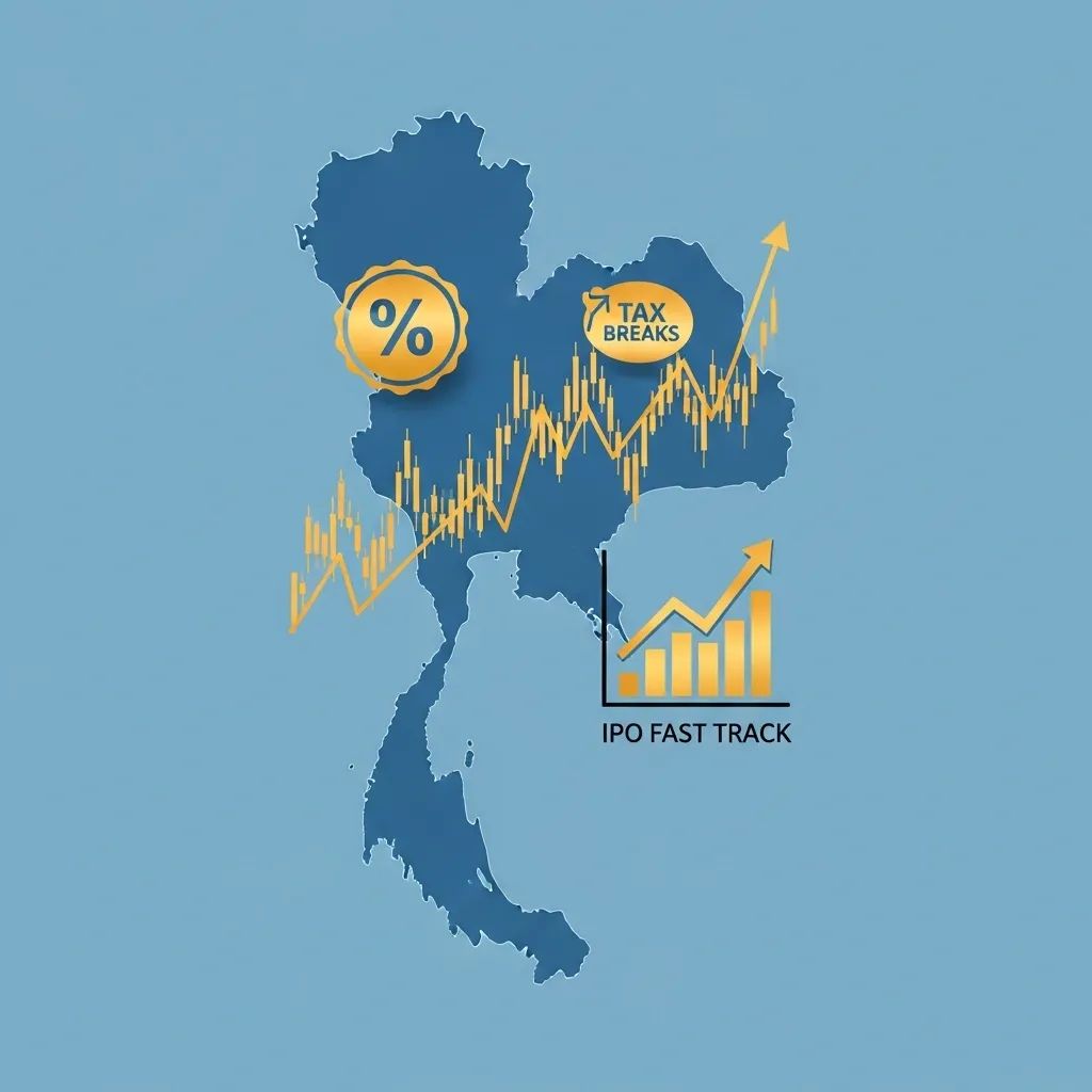 Infographic of Thailand map with upward stock chart, tax break and IPO icons for pre-election economic proposals