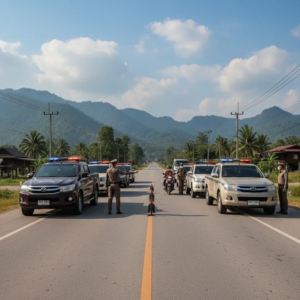 Police checkpoint on rural highway in northern Thailand with officers conducting vehicle screening
