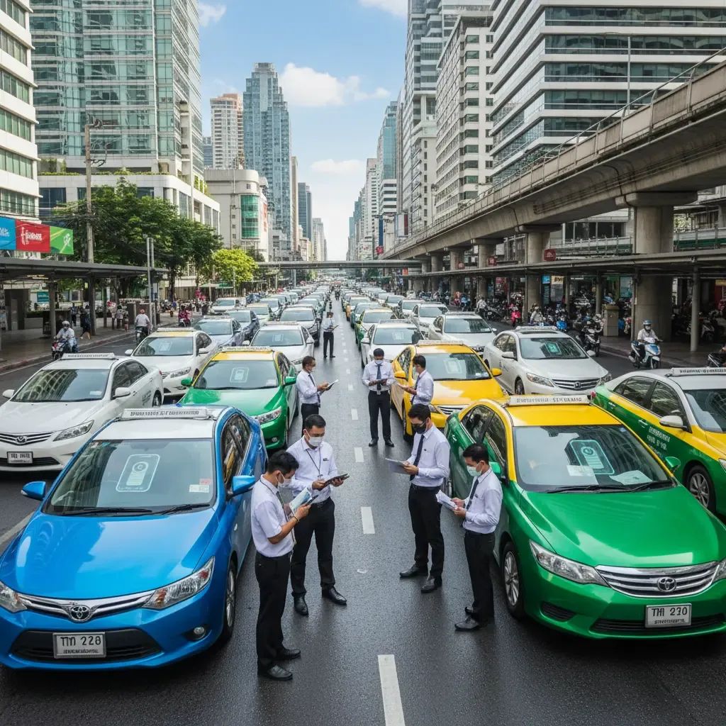App-based and traditional taxi drivers in Thailand reviewing compliance documentation outdoors