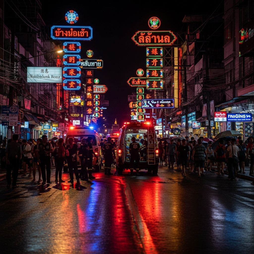 Neon-lit Bangla Road in Phuket with emergency vehicle lights and paramedic silhouettes at night