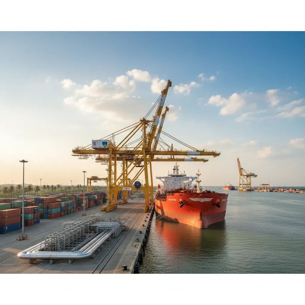 Oil tanker docked at Thai port terminal with industrial containers and shipping infrastructure