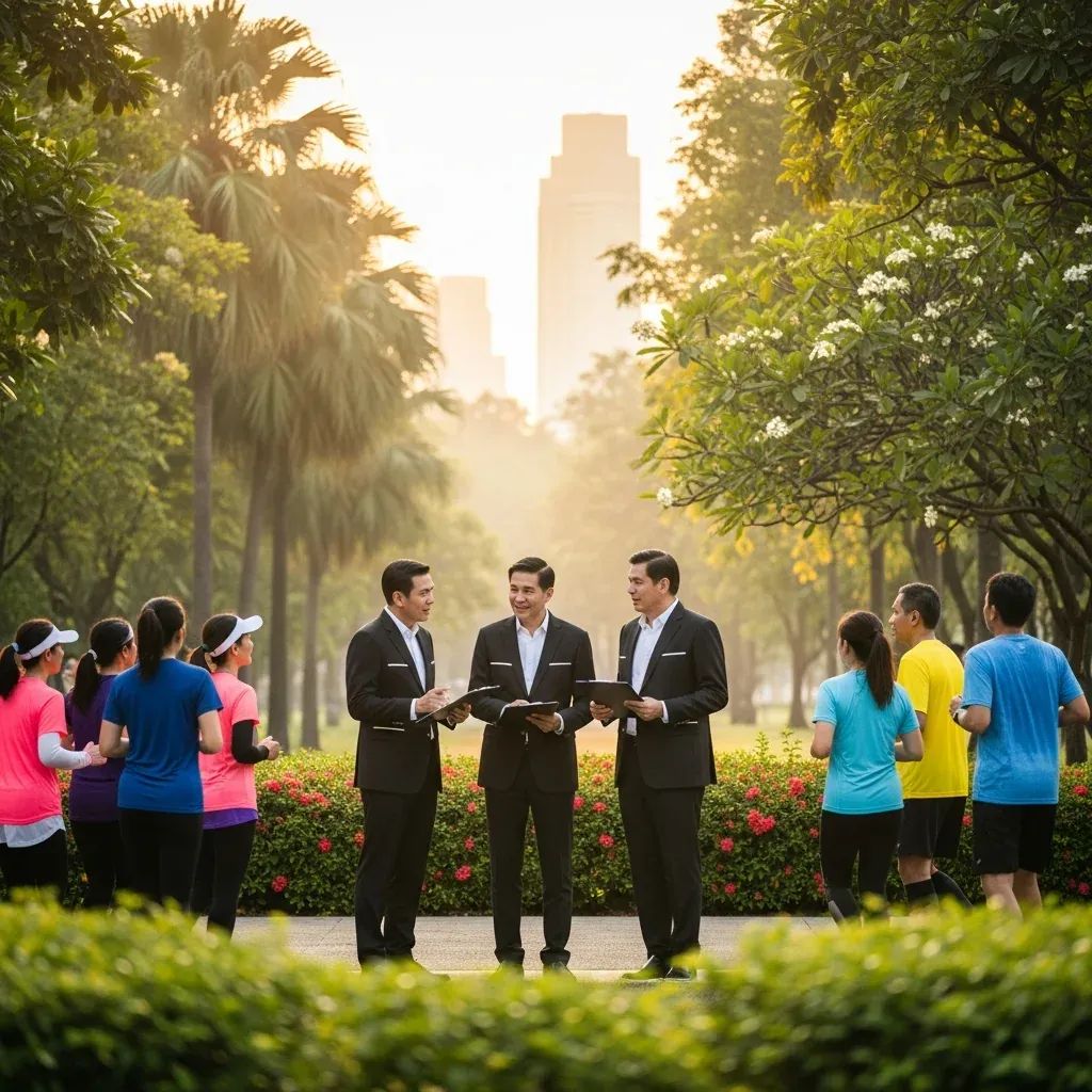Three politicians in running gear holding clipboards talking with joggers at Lumphini Park in early morning