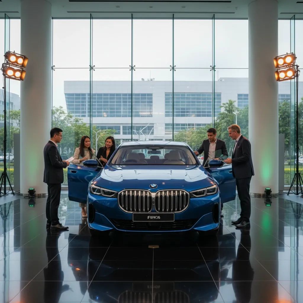 Modern electric BMW sedan displayed in premium showroom with manufacturing facility background