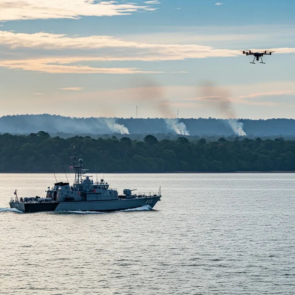 Thai navy patrol boat off Trat coastline with smoke plumes and surveillance drone overhead