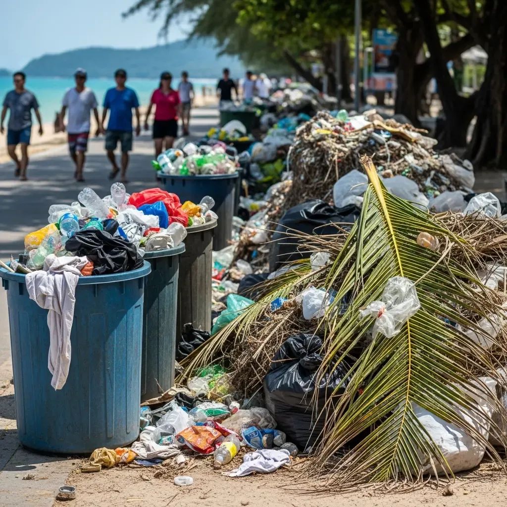 Overflowing waste bins and piles of trash on a Phuket beach promenade with tourists in background