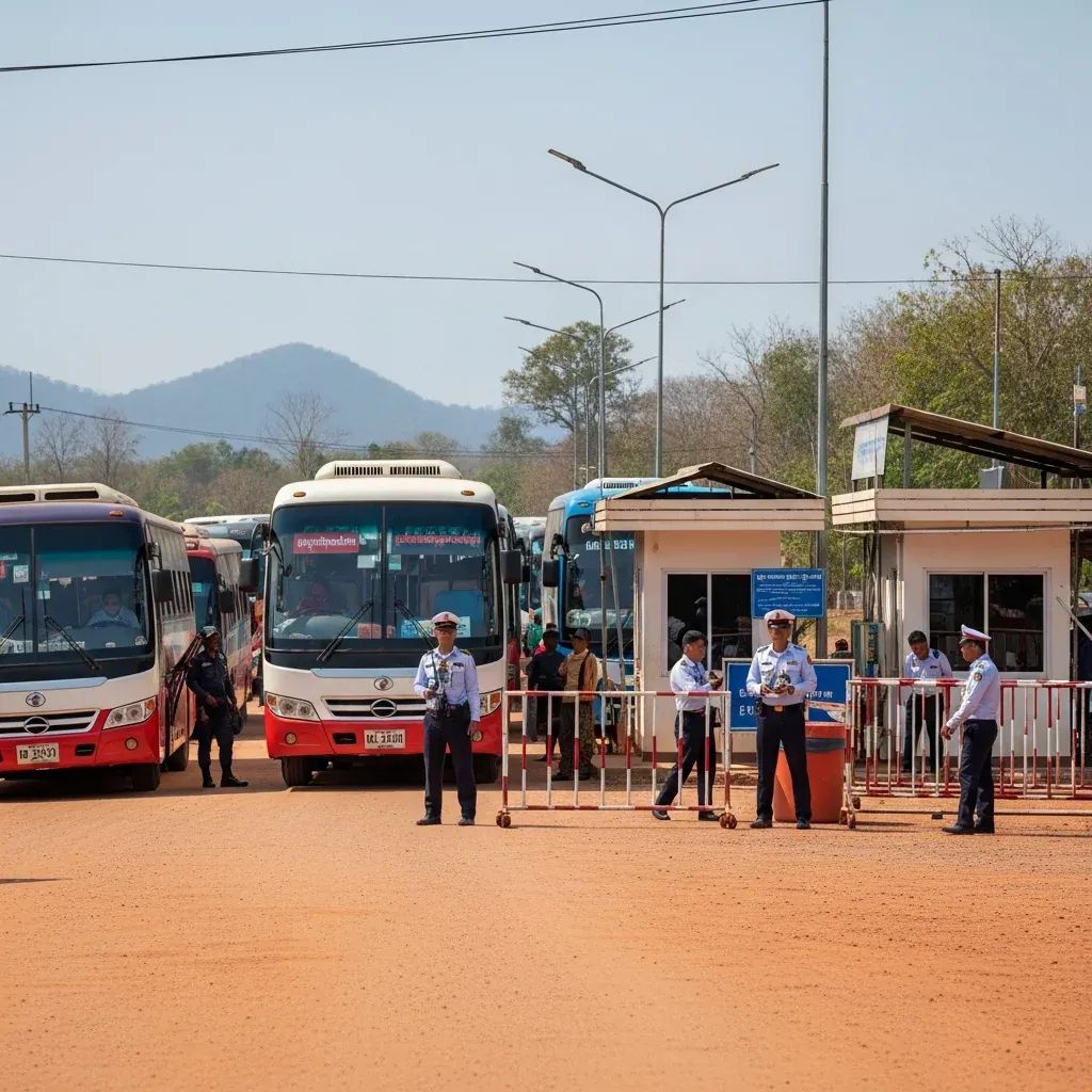 Buses at Ban Laem border checkpoint in Chanthaburi with immigration officers overseeing returnees