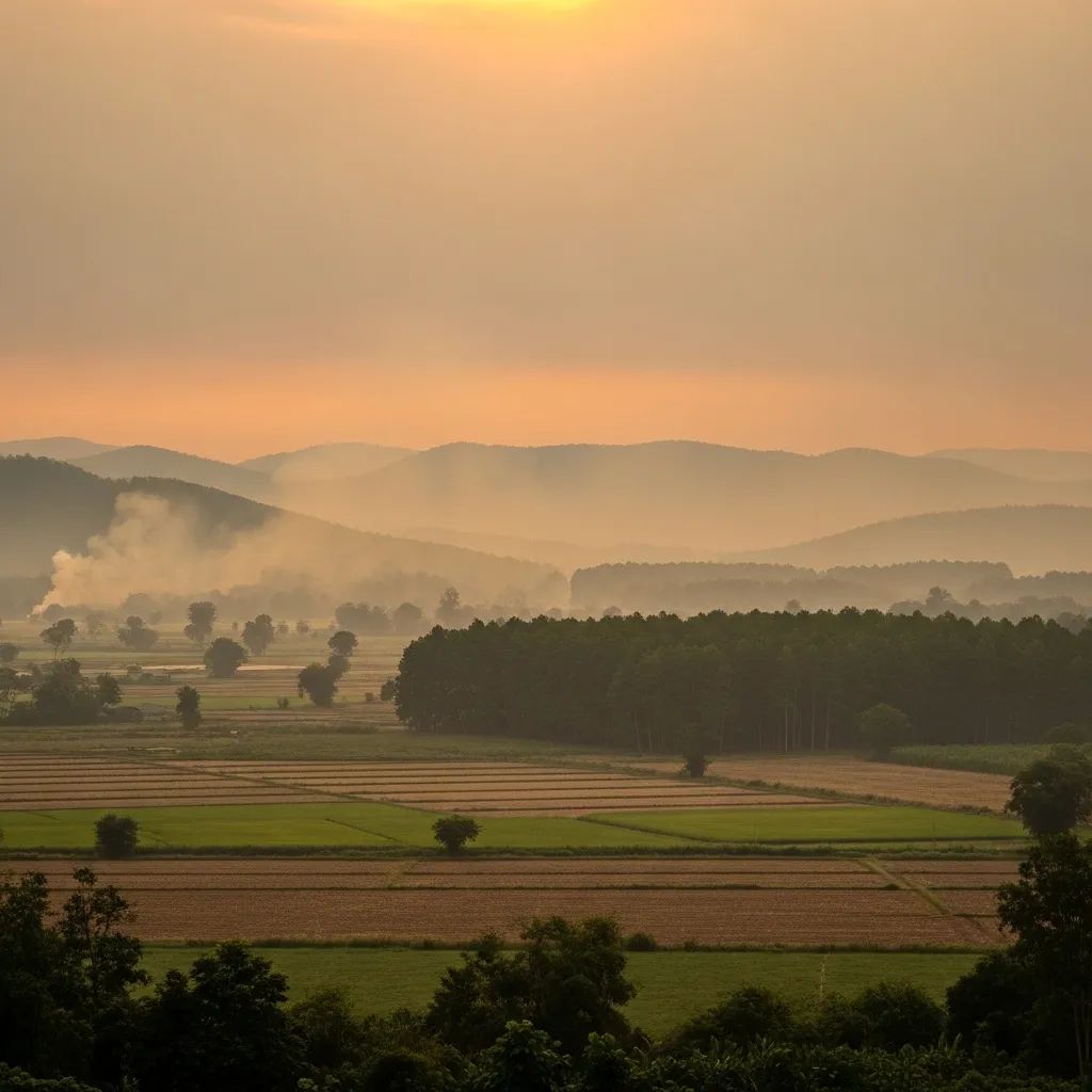 Hazy northern Thailand farmland and forested hills under a smoky sky