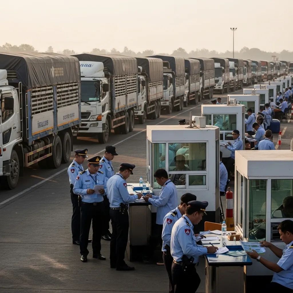 Customs officers inspecting cargo trucks at the Thailand-Cambodia border checkpoint