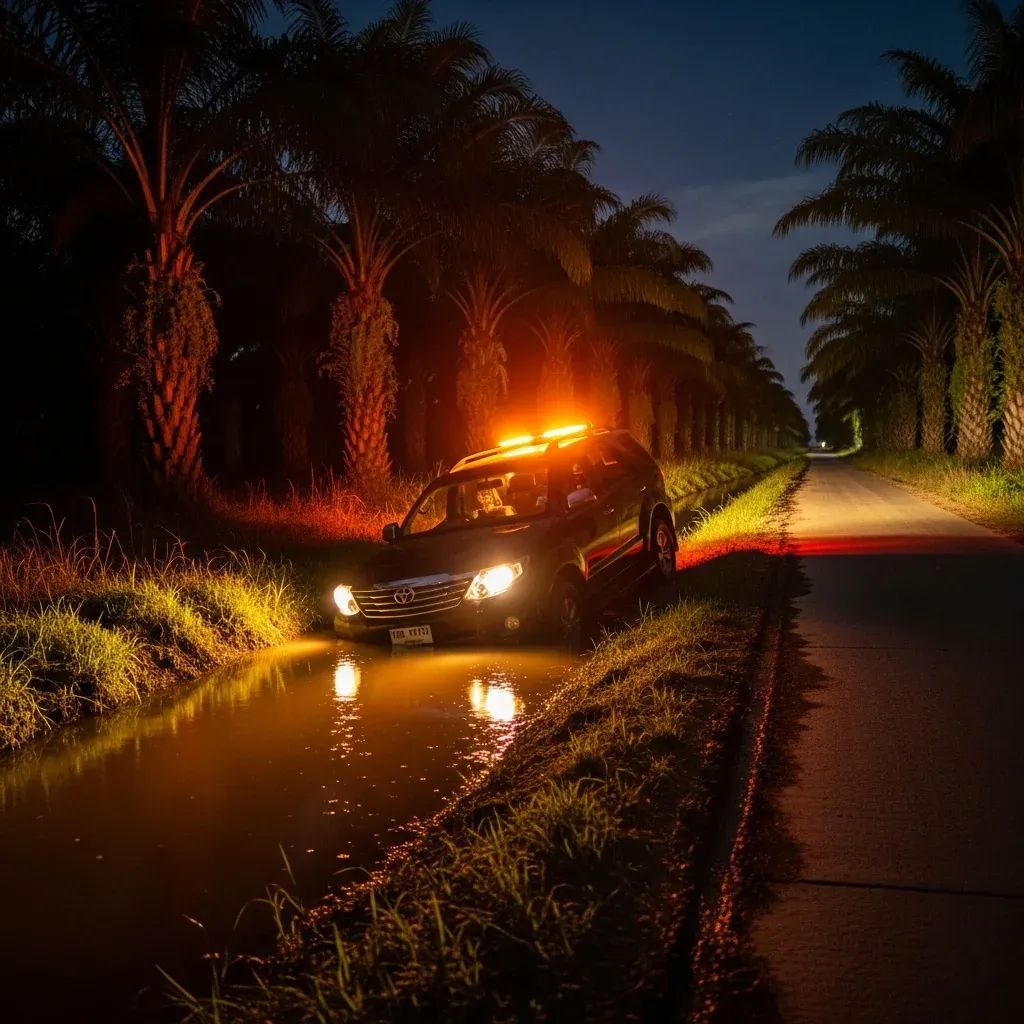 Partially submerged SUV in a rural Thai irrigation canal at night