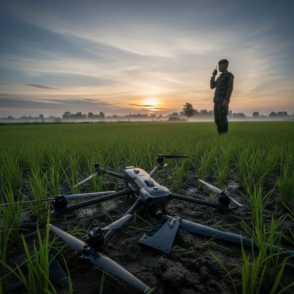 Scattered drone debris in a rice field with a distant soldier holding a radio in Isaan