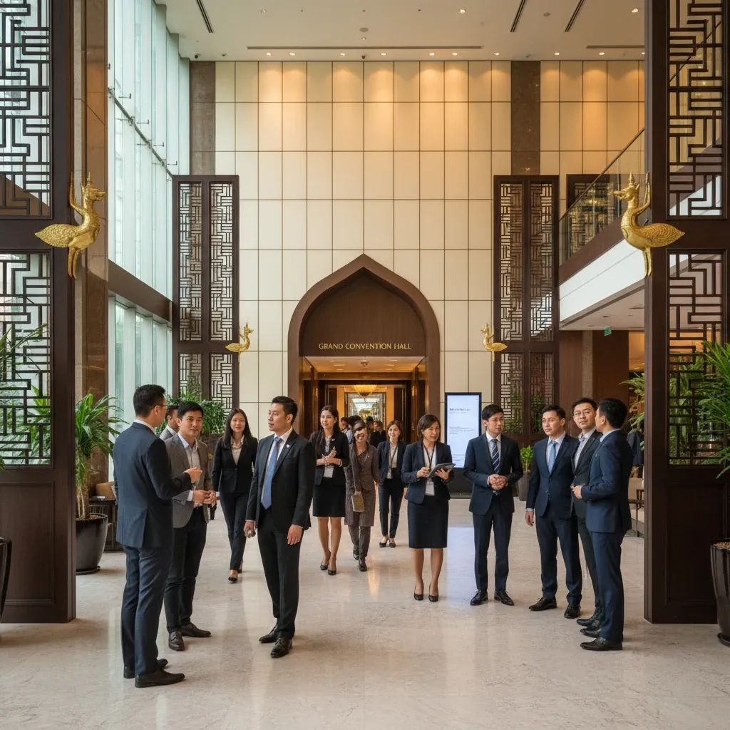 Modern hotel lobby featuring convention center entrance with Thai design elements and business professionals