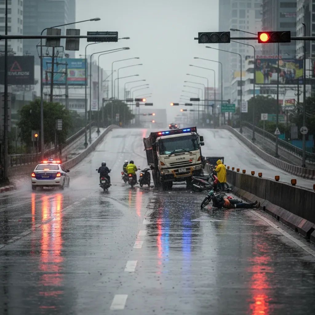 Rainy Bangkok street scene showing steep descent where truck accidents frequently occur