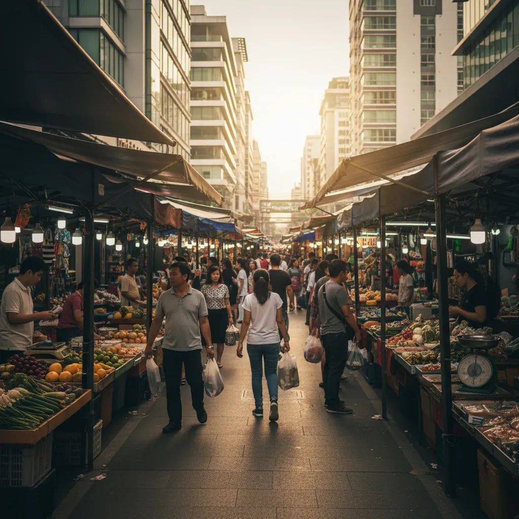 Thai street market scene with shoppers and vendors representing economic stability and consumer activity