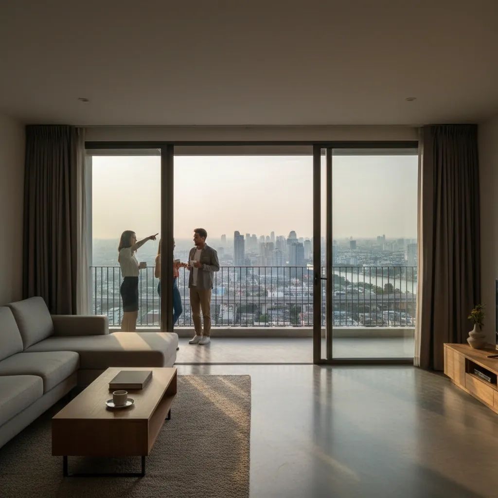 Young professional viewing Bangkok skyline from modern apartment balcony, representing Thailand's shift toward rental living