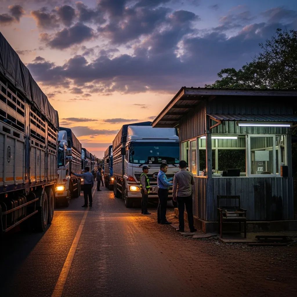 Cargo trucks waiting at a rural Thailand-Cambodia border checkpoint undergoing inspection
