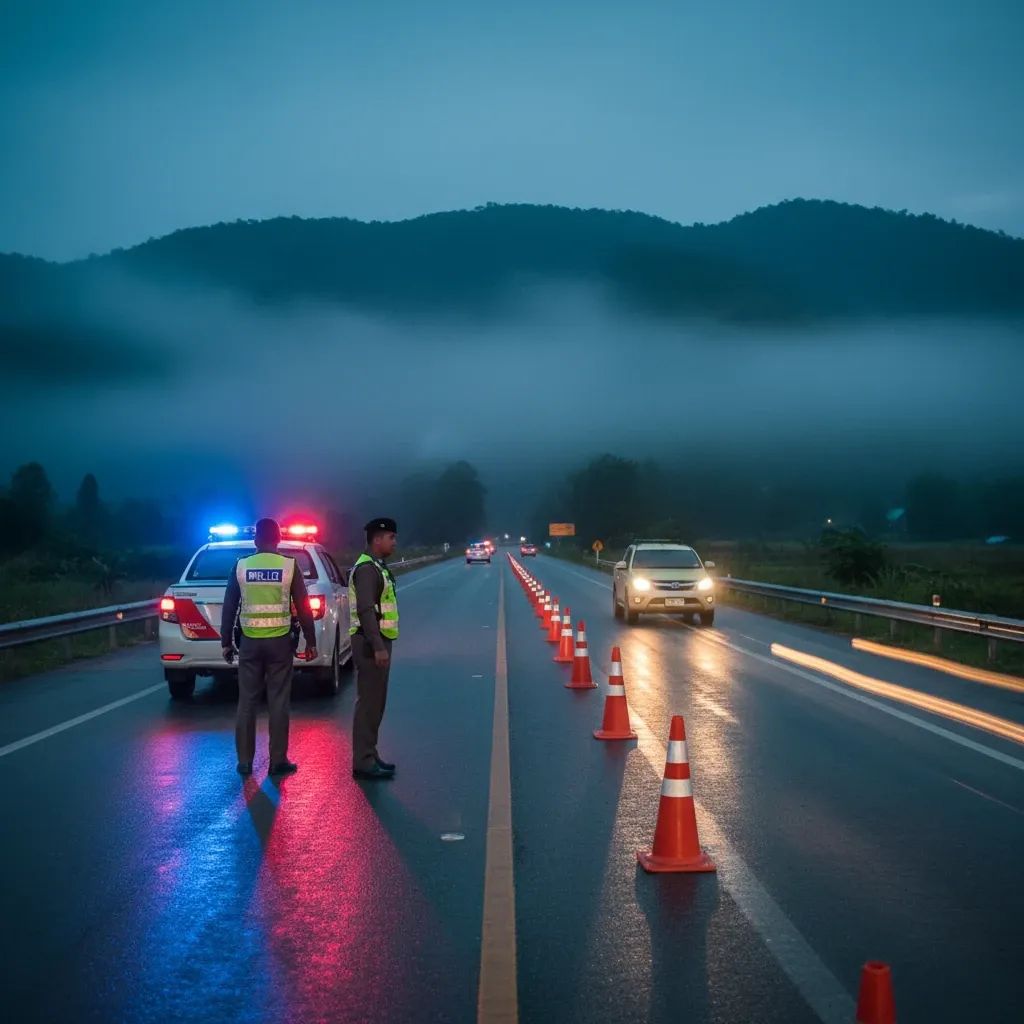 Nighttime Chiang Rai police checkpoint with flashing patrol lights and traffic cones after shooting incident