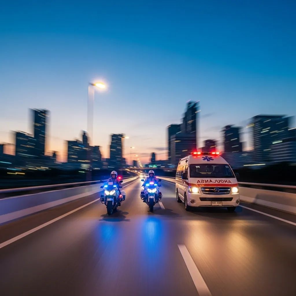 Ambulance escorted by police motorcycles speeding on Bangkok expressway