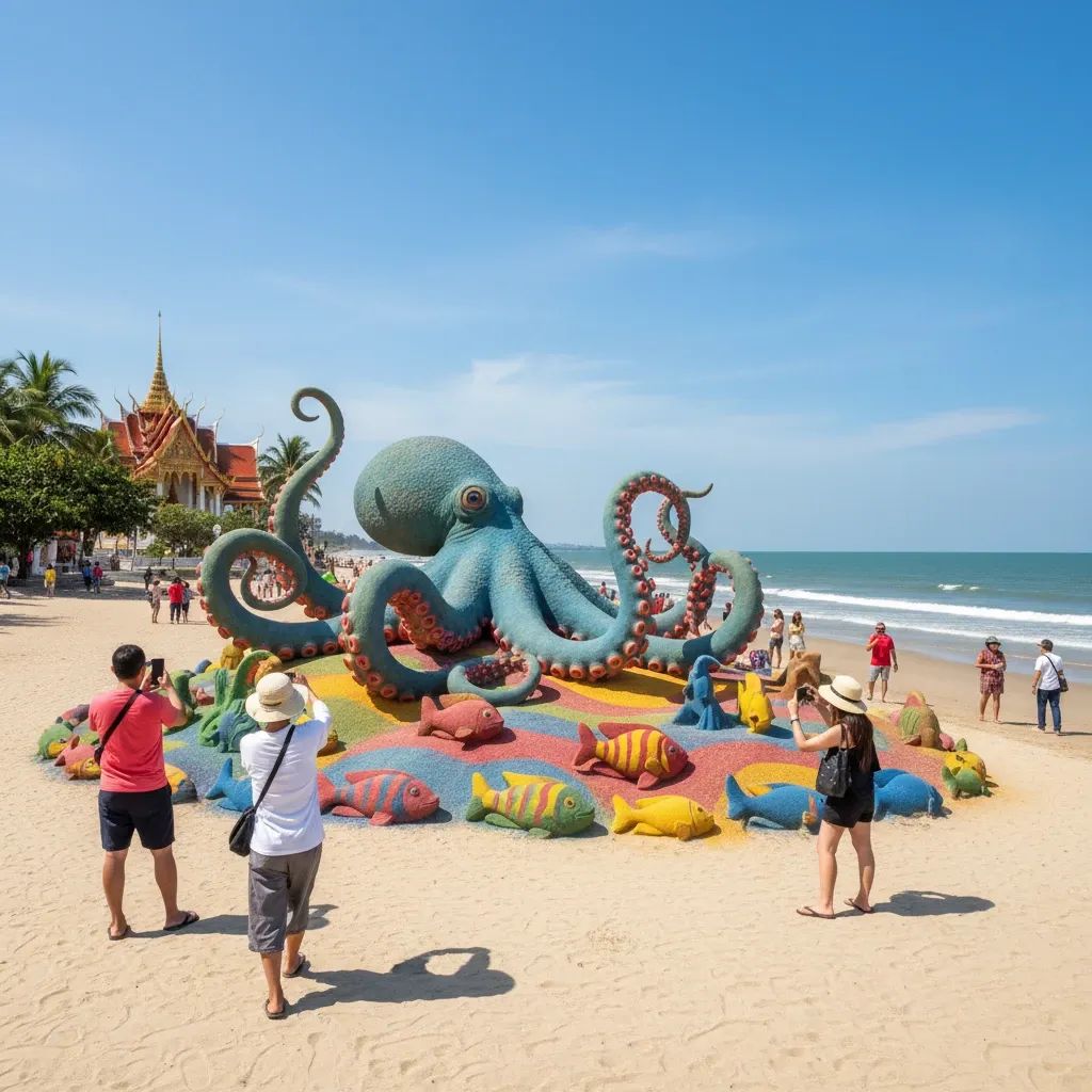 Bangsaen beach during Wan Lai Festival showing sand sculptures including octopus design with visitors enjoying the beach scene