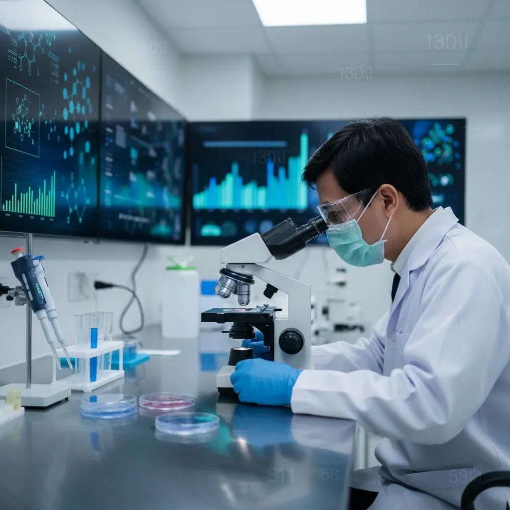 Medical laboratory scientist examining COVID-19 virus samples, representing disease surveillance and pandemic monitoring research