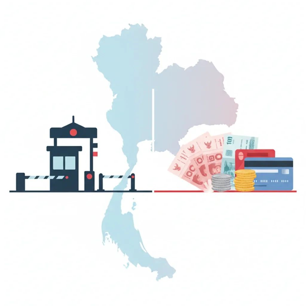 Split illustration of a border checkpoint silhouette and Thai household bills with coins, highlighting shift to everyday policy