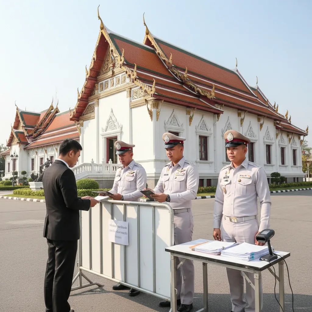 Thai police conducting immigration enforcement and documentation check at checkpoint