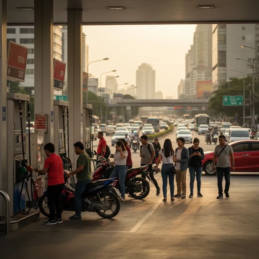 Thai petrol station showing fuel pumps with customers during daytime, representing rising fuel prices