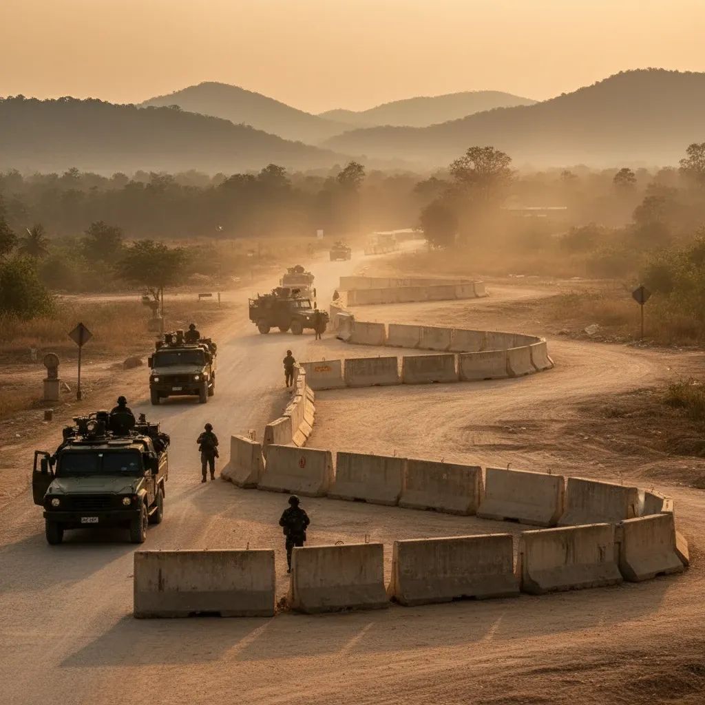Security vehicles and concrete barriers at a Thai-Cambodian border checkpoint