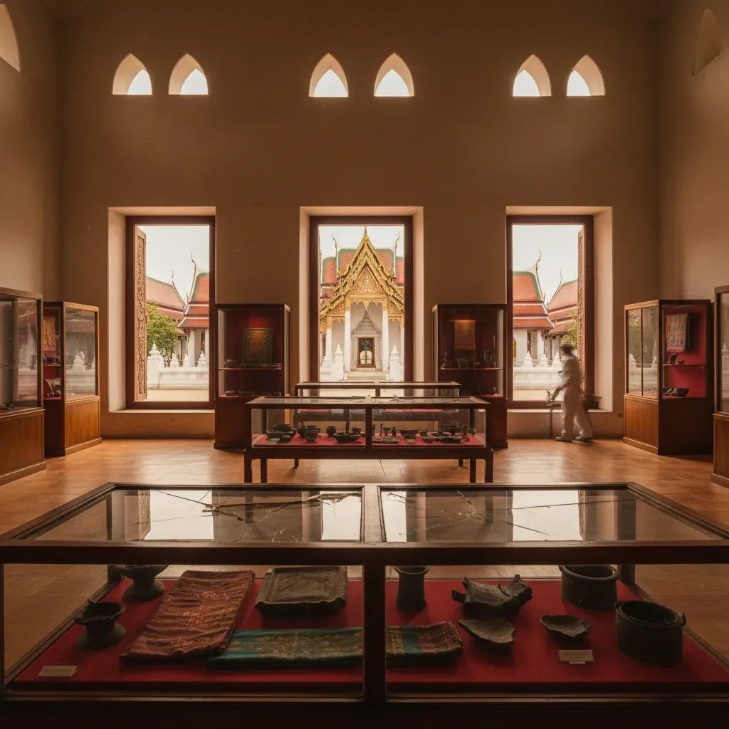Interior view of Thai museum displaying ancient textiles and antique artifacts on shelves