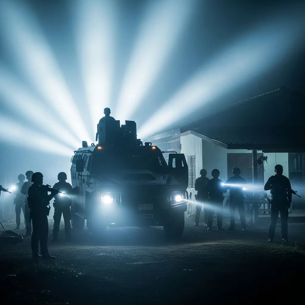Armoured police vehicles and spotlights surround a rural house during a night siege in Southern Thailand